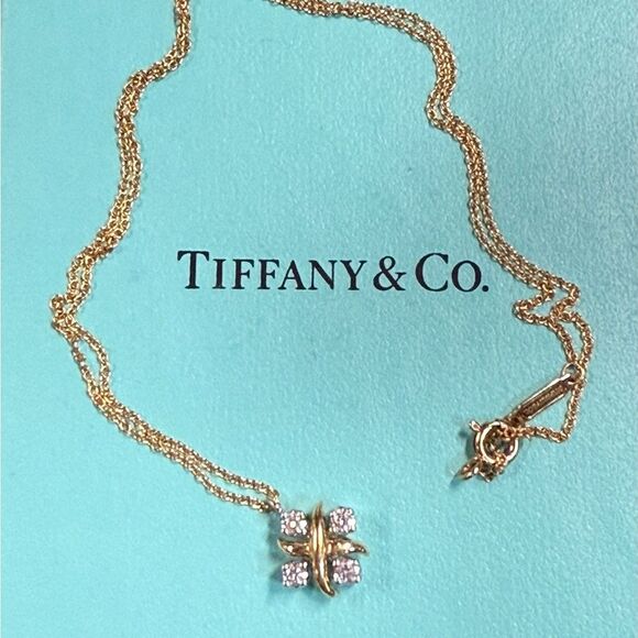 Tiffany & Co. Platinun & 18k Yellow Gold Diamond X Pendant & Necklace - Picture 1 of 5
